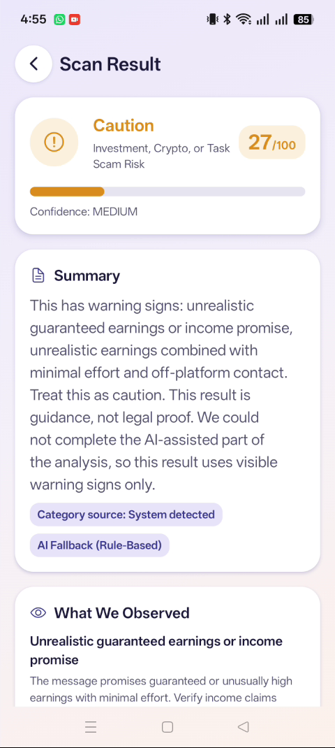 ScamShield NG mobile app showing a scan result with caution risk level and visible warning signs
